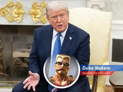 Duke Nukem reports on Trump's denial of market influence on tariff delays, because nobody tells the Duke what to do! image