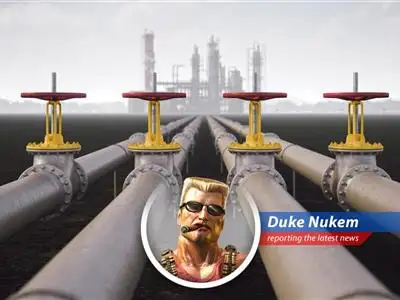 Duke Nukem reports on how falling oil prices are making Big Oil sweat over those juicy shareholder payouts. Time to kick ass and chew bubblegum...and they're all out of bubblegum! image