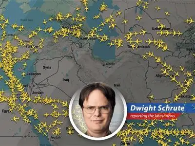 Dwight K. Schrute, Assistant Regional Manager (and Volunteer Sheriff's Deputy) reports on the chaos in Middle Eastern airspace, where airlines are diverting flights faster than Michael Scott can mismanage a client meeting. Prepare for turbulence! image