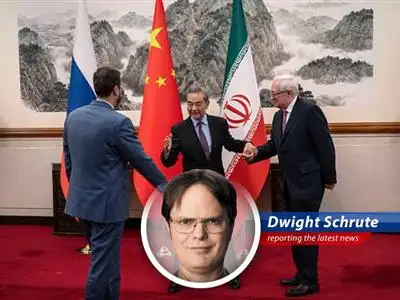 Dwight K. Schrute analyzes China's measured response to the escalating conflict between the U.S., Iran, and Israel, revealing potential opportunities for Beijing amidst the chaos. Bears. Beets. Battlestar Galactica. image