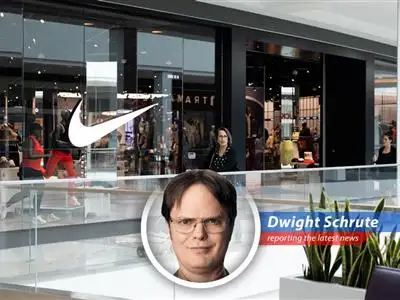 Dwight K. Schrute analyzes Nike's quarterly woes, tariff troubles, and the Skims delay, wondering if even beet-fueled innovation can save the day. image