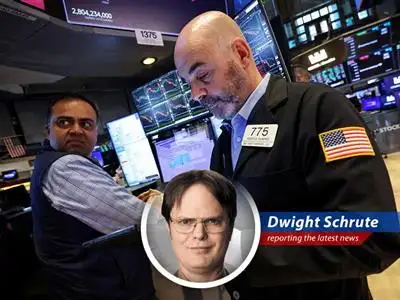 Dwight Schrute analyzes Progressive Corp.'s stock trends, finding a predictable pattern ripe for investment, much like my beet farm yields consistent profits. image