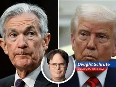 Dwight Schrute analyzes the potential economic chaos if President Trump attempts to remove Federal Reserve Chairman Jerome Powell, urging investors to protect their assets and questioning the stability of the American financial system. image