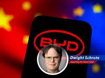 Dwight Schrute reports on BYD outselling Tesla in European EV market, a watershed moment proving Chinese ingenuity and Tesla's temporary lapse in beet-farming strategy. image