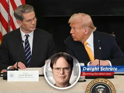 Dwight Schrute reports on President Trump's potential tariff reduction on Chinese goods, analyzing the implications for trade and the economy. Prepare for beets-fueled economic analysis! image
