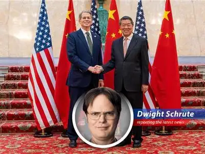 Dwight Schrute reports on the ongoing trade talks between the United States and China, filled with political intrigue, agricultural implications, and potential threats to Schrute Farms. image