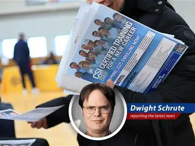 Dwight Schrute reports on the recent ADP report showing a slowdown in hiring due to tariff concerns, but reminds everyone that Schrute Farms is always hiring. Bears. Beets. Battlestar Galactica. image