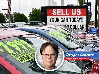 Dwight Schrute reports on the unsettling trend of rising used car prices, fueled by tariff fears, while Schrute Farms beet prices remain tragically stable. image