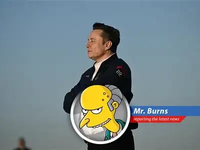 Elon Musk attempts to rally investors after a dismal earnings report, touting robotaxis and humanoid robots while Springfield's own Mr. Burns scoffs at the electric car folly. image