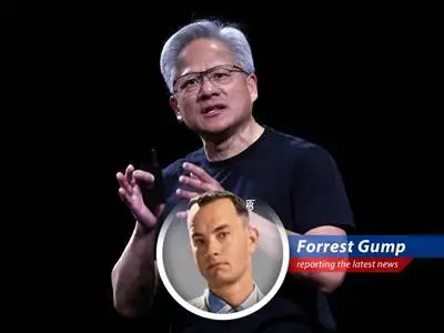 Forrest Gump reports on Jensen Huang's European tour, where he promised AI dreams and dodged questions about China, all while looking like a rockstar! image