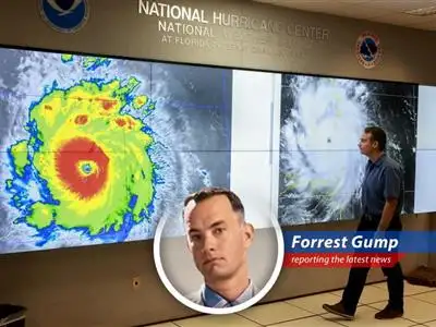 Forrest Gump reports on NOAA's hurricane season forecast, blending folksy wisdom with the serious business of weather predictions and insurance woes. image