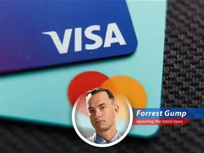 Forrest Gump reports on Wall Street's take on Visa and Mastercard amidst stablecoin fears, with a dash of Bubba Gump wisdom. image
