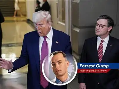 Forrest Gump reports on the Republican party's struggle to pass Trump's tax bill, facing opposition from hardliners and market anxieties, making the Memorial Day deadline look as slippery as a wet bar of soap. image