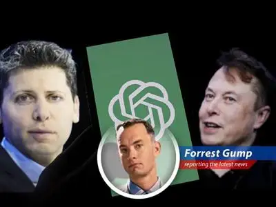Forrest Gump reports on the legal battle between OpenAI and Elon Musk, filled with twists, turns, and maybe a shrimp boat analogy or two. image