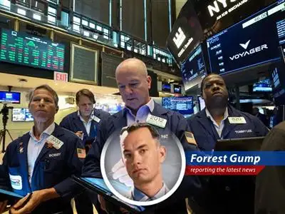 Forrest Gump reports on the stock market's surprising resilience amidst trade wars, Middle East tensions, and AI booms, all while trying to understand what a 'tariff' really is. image
