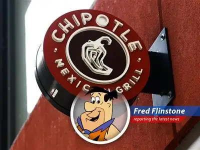 Fred Flinstone reports on Chipotle's recent financial woes, blaming everything from bad weather to Wilma's cooking! image