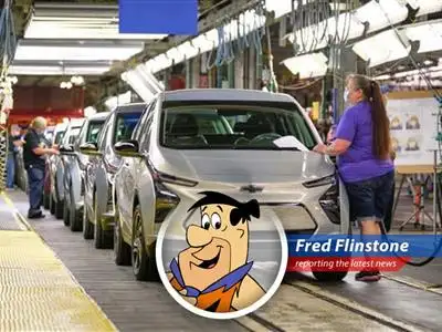 Fred Flinstone reports on General Motors' $4 Billion investment in US plants, moving gas-powered car production from Mexico and confusing everyone about electric cars, yabba dabba doo! image