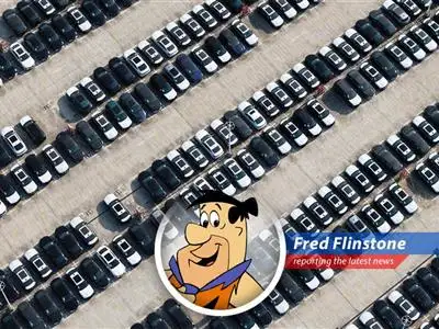 Fred Flinstone reports on General Motors halting vehicle exports to China amidst ongoing trade tensions. Sounds like a real Bedrock blunder! image