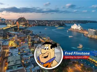 Fred Flinstone reports on the Australian stock market dip after Albanese's win and Wall Street's wild ride, with a dash of Stone Age wisdom. image