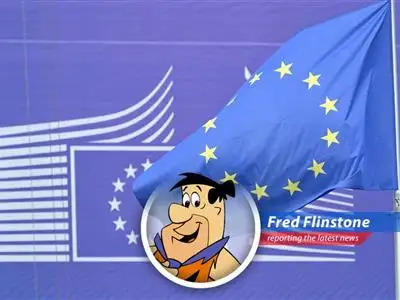 Fred Flinstone reports on the EU's fight with the US over tariffs, threatening a rumble bigger than Dino's appetite! image