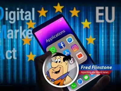 Fred Flinstone reports on the European Union fining Apple and Meta for breaching digital competition laws, with a Flintstones twist. image