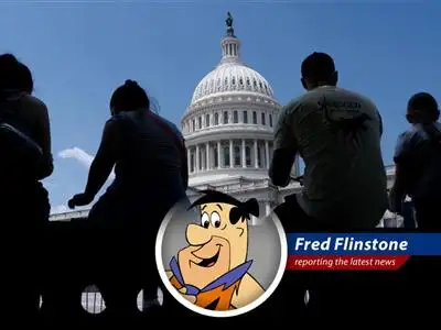 Fred Flinstone reports on the Senate's amendment-slinging showdown over some big-rock budget bill, making even dino-sized decisions seem like a game of bowling with Barney! image