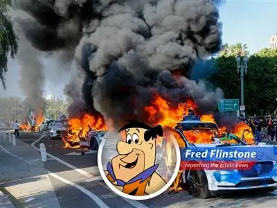 Fred Flinstone reports on the fiery fate of robotaxis in downtown Los Angeles amidst protests, leaving him wondering if technology is ready for Bedrock... I mean, LA! image