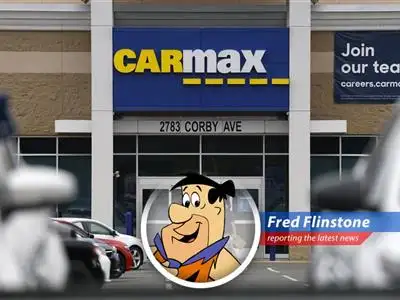Fred Flinstone reports on the latest stock market news, with CarMax, GMS, and Darden Restaurants lookin' good, while others, like Jack in the Box, are feelin' the Stone Age blues! image