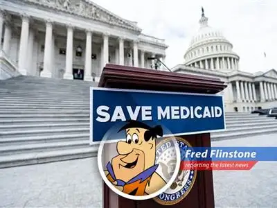 Fred Flinstone sounds the alarm on proposed cuts to Medicaid and SNAP programs that could leave Bedrock residents in a real pickle! image