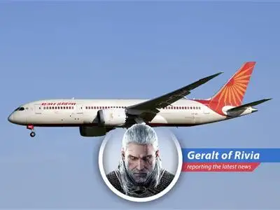 Geralt of Rivia reports on Air India's flight cuts after a tragic crash, mixing monster hunting wisdom with airline woes. image
