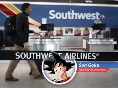 Goku reports on Southwest Airlines' shocking decision to start charging for checked bags, leaving loyal customers feeling like they've been hit by a Spirit Bomb! image