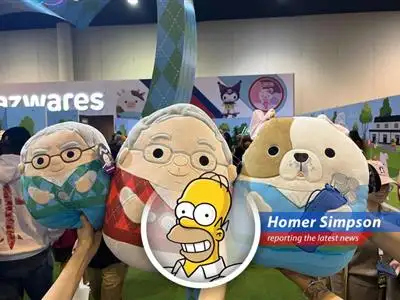 Homer Simpson reports live from the Berkshire Hathaway shareholders meeting, where plush toys, chocolate, and claw machines are stealing the show. Mmm, bargains! image