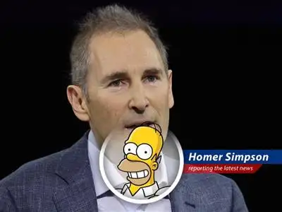 Homer Simpson reports on Amazon's mixed quarterly results, cloud business, and future projections, all while craving donuts. image