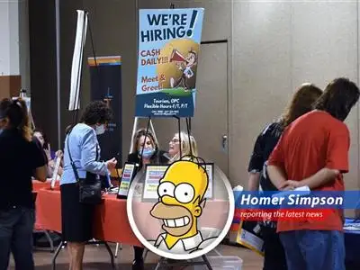 Homer Simpson reports on surprising job growth despite tariff worries, with unemployment steady and potential Fed rate cuts on the horizon. Doh! image