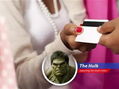 Hulk report on how greedy stores make puny humans go broke with sneaky credit cards and BIG interest! Hulk expose! image