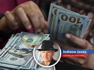 Indiana Jones reports on the alarming decline of the U.S. dollar amidst political tensions, drawing parallels to his own perilous quests for ancient treasures and national security. image