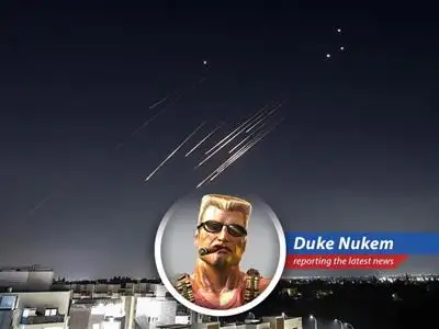 Israel and Iran engage in tit-for-tat strikes, escalating tensions and prompting global concern, while Duke Nukem watches on, ready to kick ass and chew bubblegum... and he's all outta gum. image