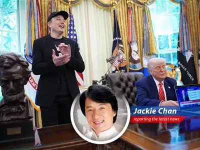 Jackie Chan gives his take on Elon Musk's departure from his government role, packed with humor, satire, and action movie wisdom. image