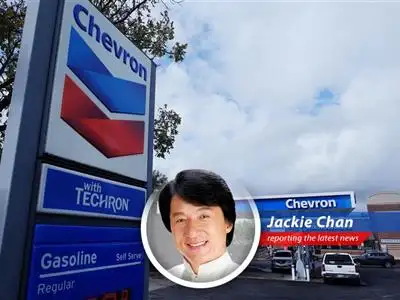 Jackie Chan humorously reports on Chevron's recent stock dip, profit decline, and repurchase plans amidst fluctuating oil prices, drawing parallels to action-packed movie scenarios. image