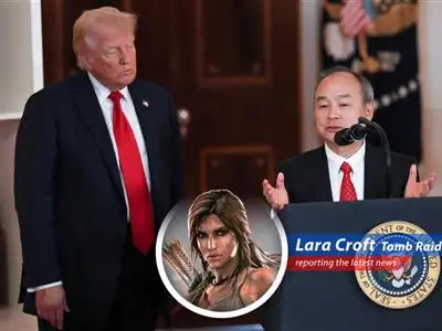 Lara Croft reports on SoftBank's recent financial performance, complete with AI bets, data center dreams, and a touch of tomb raiding wisdom. image