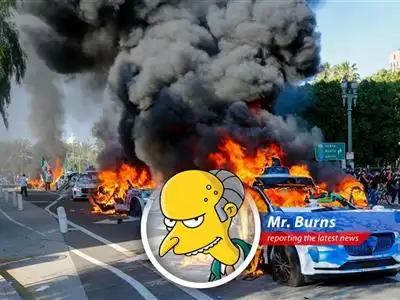Los Angeles protesters give Waymo robotaxis a fiery sendoff amidst Trump's immigration crackdown, much to my amusement. image