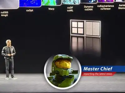 Master Chief reports on Nvidia's CEO's optimistic view on quantum computing, wondering if it's time to trade in his Assault Rifle for a qubit processor. image