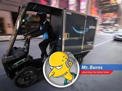 Montgomery Burns analyzes Amazon's downgraded stock, citing tariffs and investment risks, and sees an opportunity for Springfield Power Plant domination. image