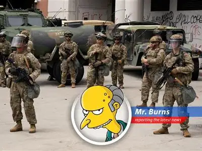 Montgomery Burns reports on Governor Newsom's futile attempts to block President Trump's deployment of troops, safeguarding Burns' Californian interests. image