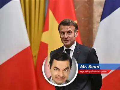 Mr. Bean reports on President Macron's plea for a new coalition to avoid getting squished between America and China, wondering if a strategically placed rubber chicken could help. image