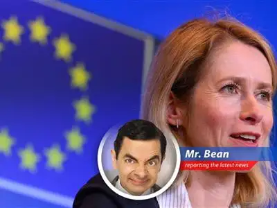 Mr. Bean reports on the chaos caused by Trump's policies in Europe, featuring trade wars, Ukraine worries, and general bewilderment. image