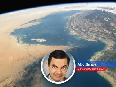 Mr. Bean reports on the possible name change of the Persian Gulf, stirring up more trouble than a stray teddy bear at a fancy tea party. image