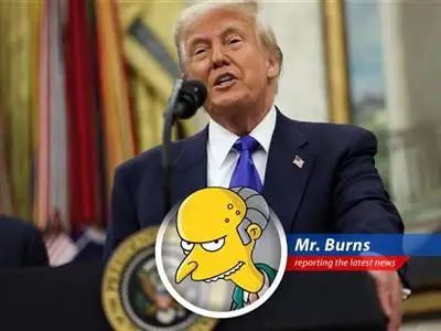 Mr. Burns analyzes Trump's proposed 100% tariff on foreign films, seeing a golden opportunity to exploit Hollywood's woes and expand his empire, while taking potshots at incompetent governors and those pesky unions. image