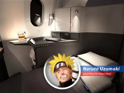 Naruto Uzumaki reports on American Airlines' fancy new suites with sliding doors, proving even airlines are trying to become Hokage of the skies! image