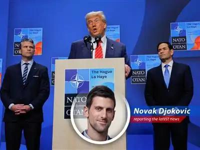 Novak Djokovic gives his (slightly satirical) take on Donald Trump's recent address at the NATO summit, injecting some tennis humor into international politics. image